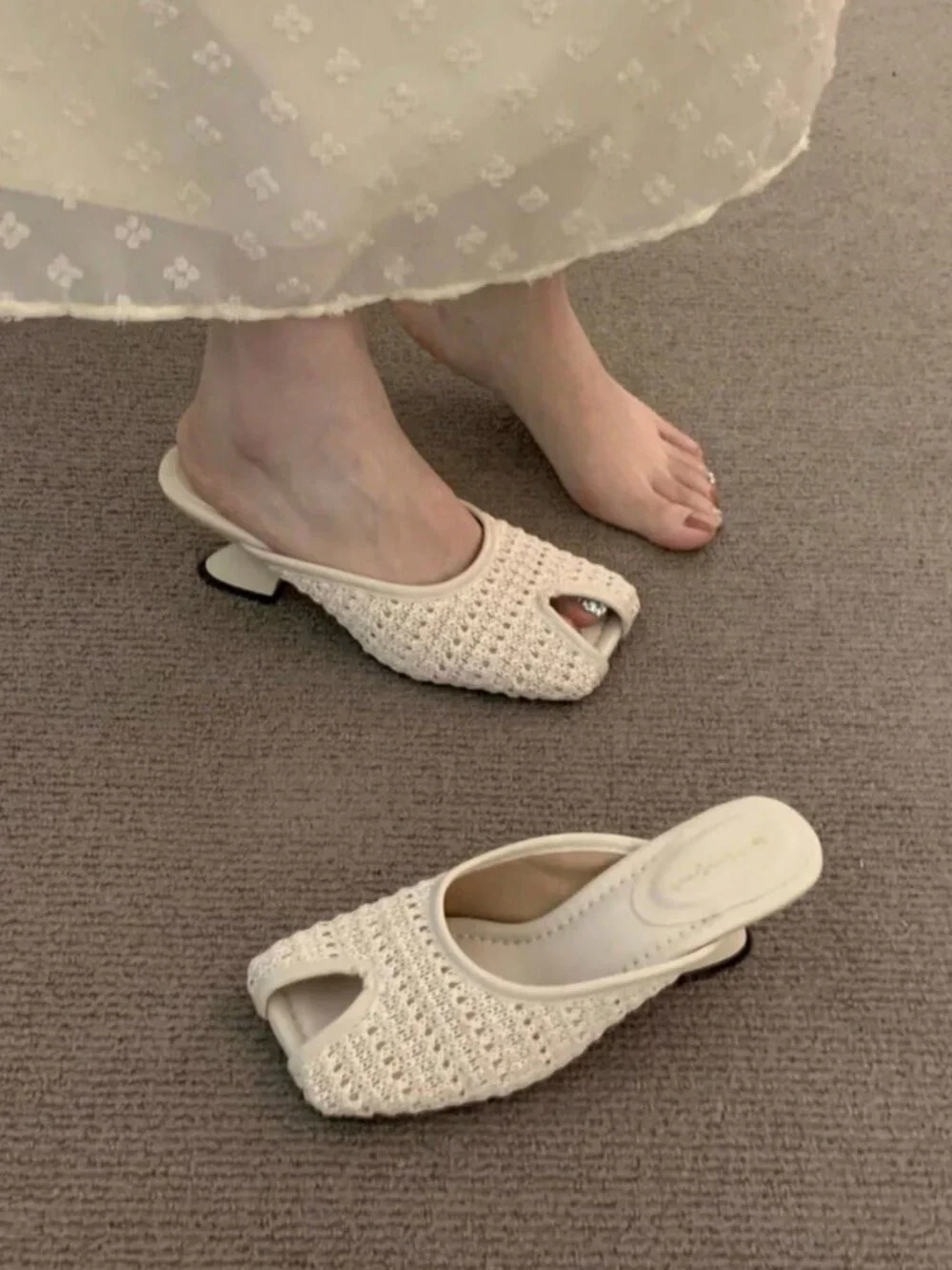 Beige Bohemian Women's Woven contemporary Heel peep Toe Sandals - Picture 6 of 6